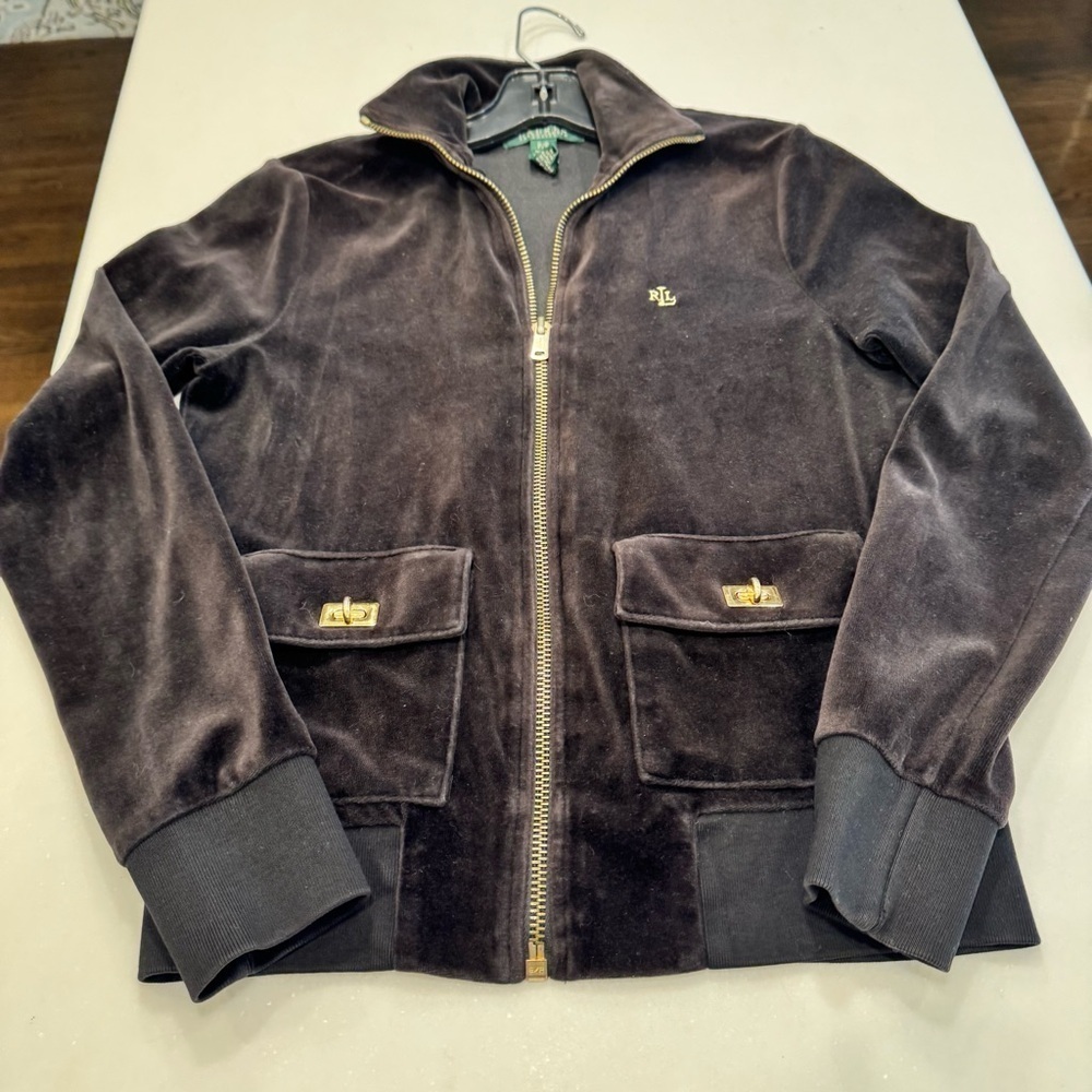 LAUREN RALPH LAUREN Black Gold Tone Hdwr Women’s Velvet Jacket Size PP Petite - Picture 6 of 10